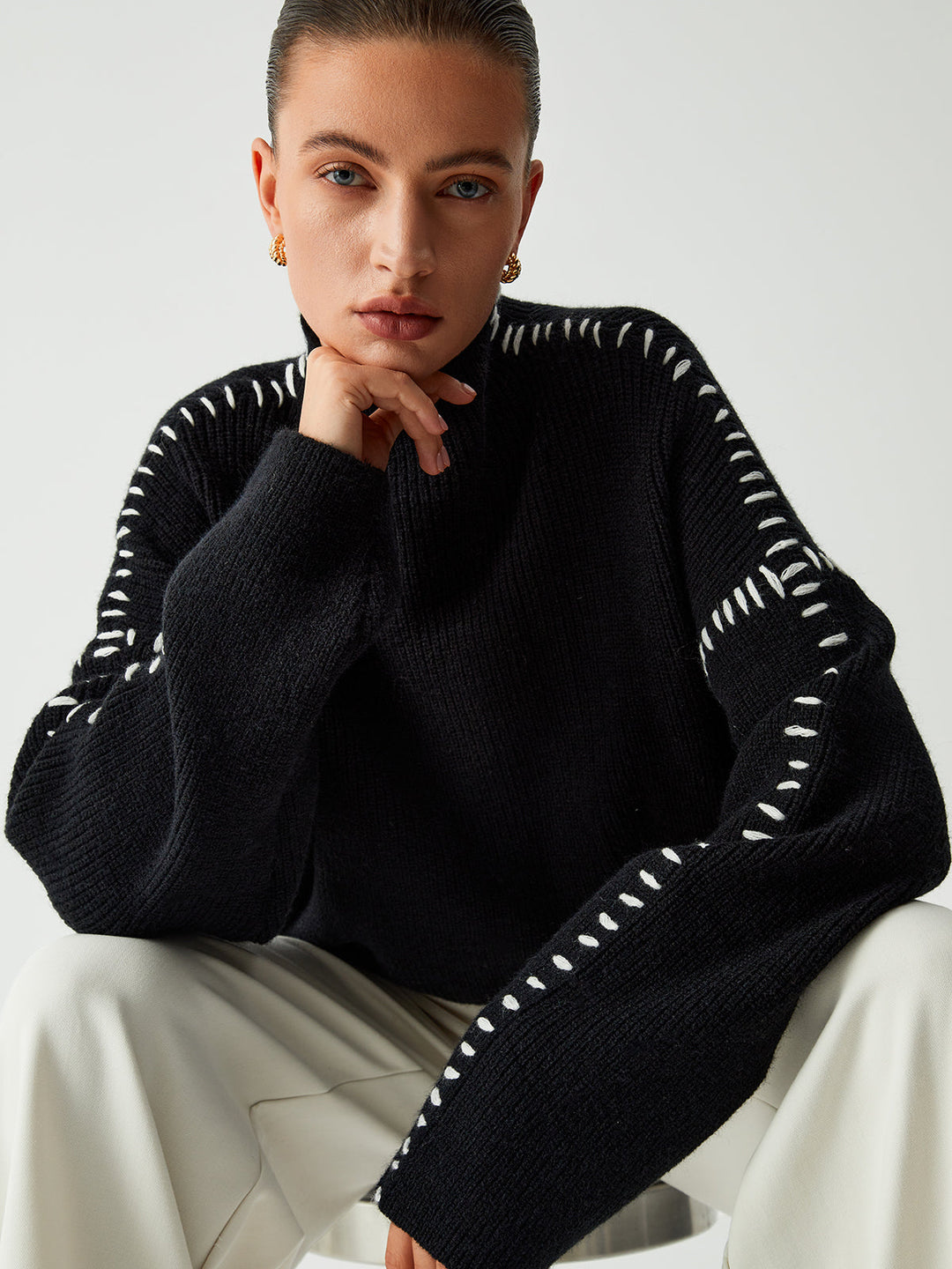 Alma - Turtleneck Sweater with Piqué Details